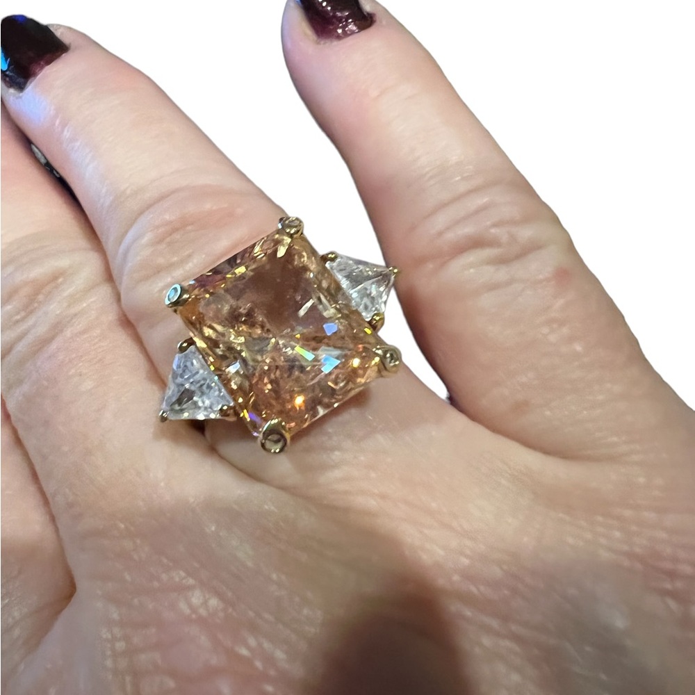 Hollywood Collection Norma Shearer Ring Emerald Cut &Trillion Stones 14k GP 925